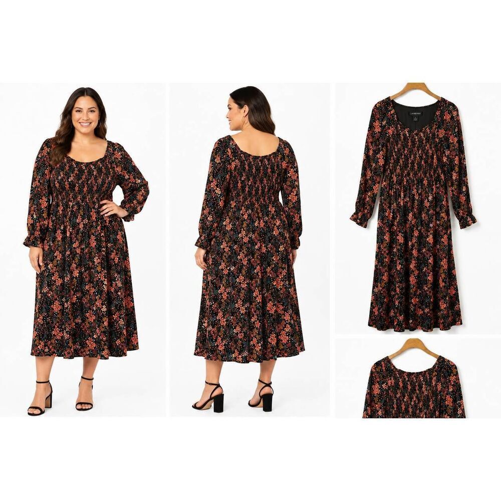 DR2 Floral Smocked Midi Dress Black Orange Size Large